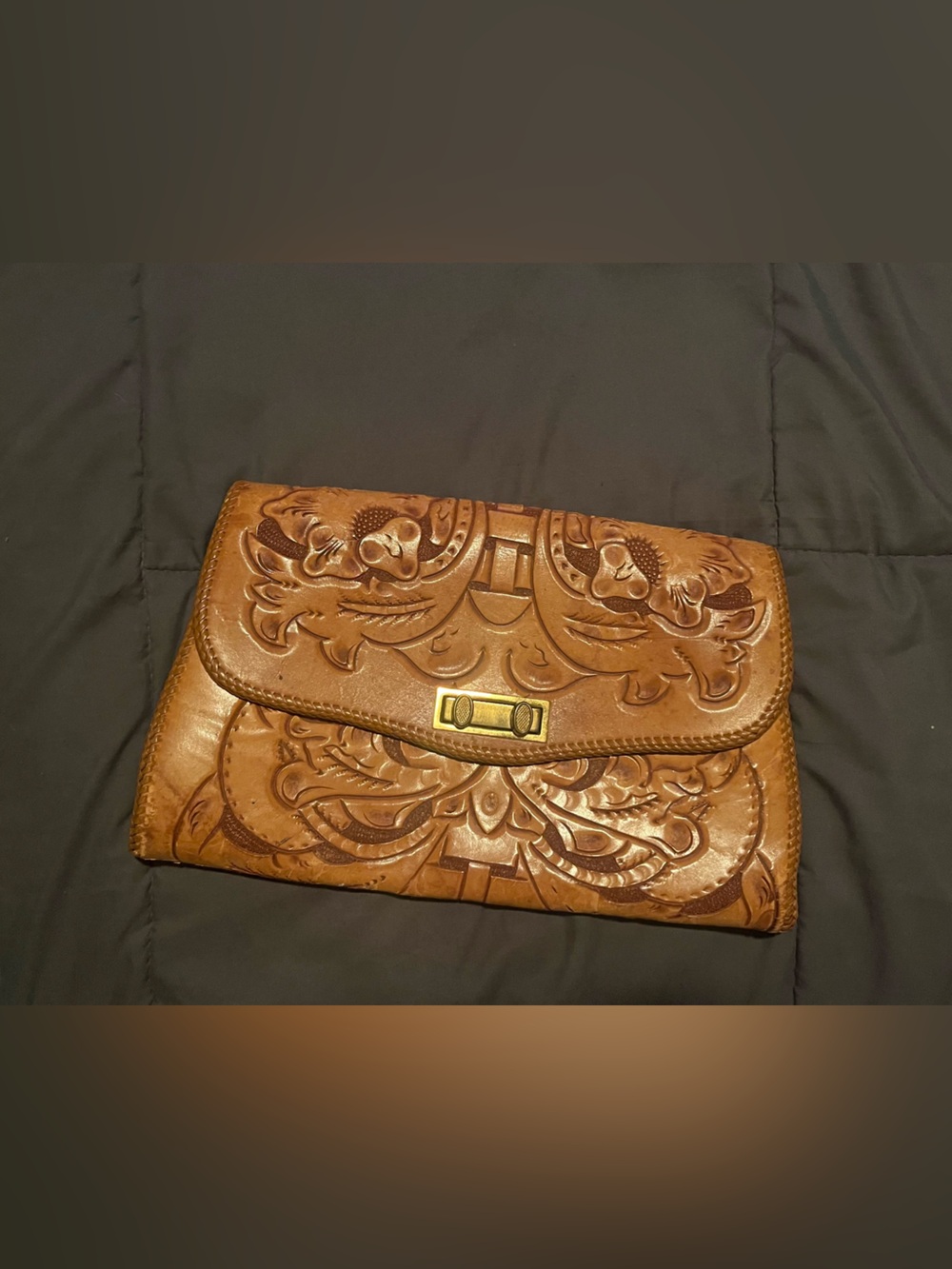 Hand-Tooled Leather Clutch Wallet in Cognac Brown, Mexican Vintage Leather